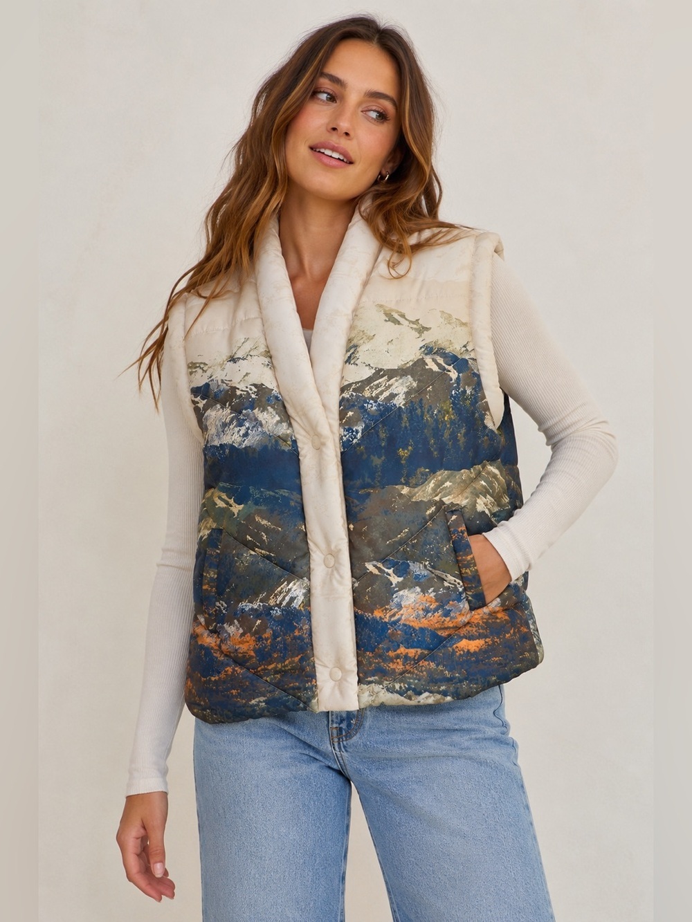 Sage The Label Mountain Print Puffer Vest XS/S Scenic Landscape Quilted Vest